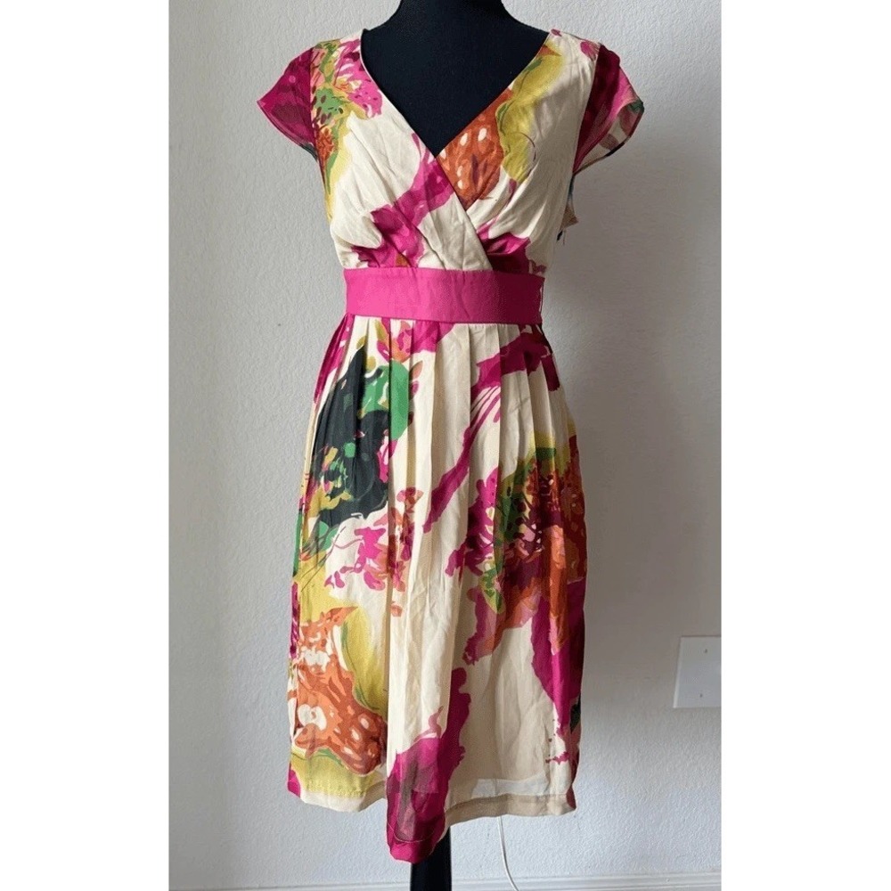 Jonathan Martin Floral Dress Sz 10 Petite Belted V-Neck Cap Sleeve Garden Party